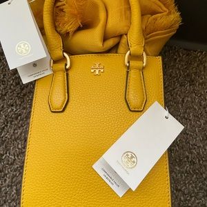 TORY BURCH BLAKE MINI SHOPPER PURSE GOLDFINCH PINK MOON/JACQUARD TRAVELER SCARF